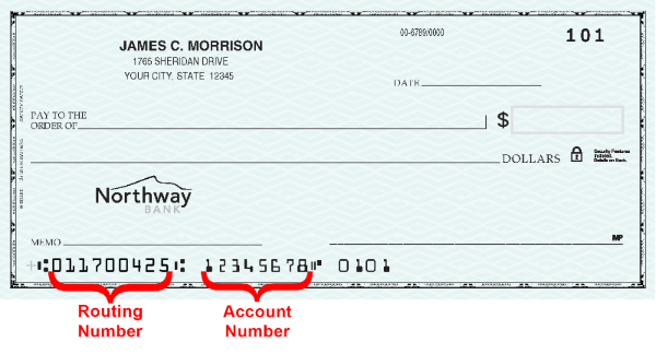 Personal check image showing where to find the routing and account number.