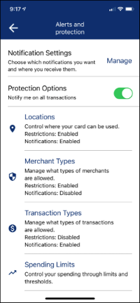 image of Northway Bank mobile banking app - alerts and protection screen