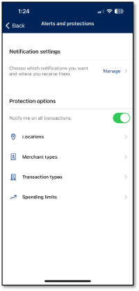 Screenshot in mobile banking app to show "Notification settings" under "Alerts and protections"