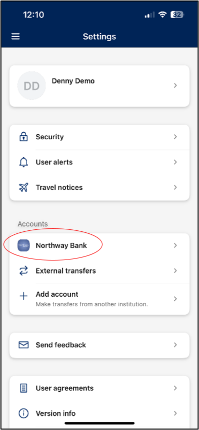 Screenshot in mobile banking app to select "Northway Bank" under settings