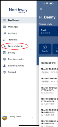 Screenshot in mobile banking app to show "Deposit checks" menu selection 