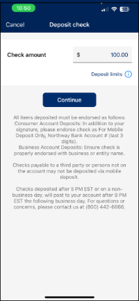 Screenshot in mobile banking app to show check amount and check endorsement message