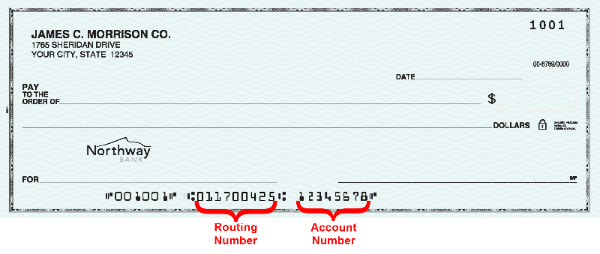Picture of a business check showing where to find the routing and account number.