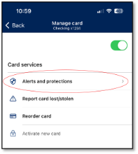 Screenshot in mobile banking app to show "Alerts and protections" selection under "Card services"