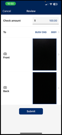 Screenshot in mobile banking app to show mobile deposit "Review" front and back of checks