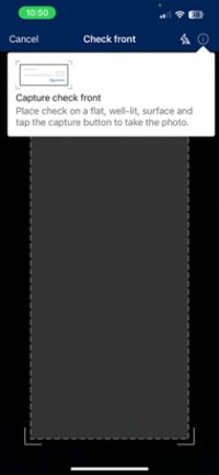 Screenshot in mobile banking app to show mobile deposit photo capture of front of check
