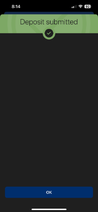 Screenshot in mobile banking app to show "Deposit submitted" screen