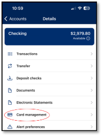 Screenshot in mobile banking app to show "Card management" selection under Account Details