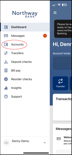 Screenshot in mobile banking app to show "Accounts" in the menu selection