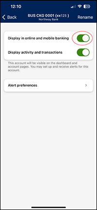 Screenshot of toggle to "Display in online and mobile banking"