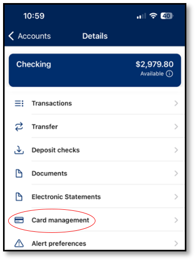 Screenshot in mobile banking app to show "Card management" selection under Account Details