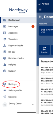 Screenshot of mobile banking menu options to select "Settings"