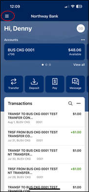 Screenshot of "hamburger menu" in mobile banking dashboard