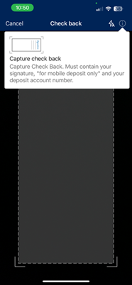 Screenshot in mobile banking app to show mobile deposit photo capture for back of check