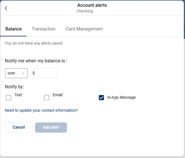 Screen shot of "Account alerts" setting details