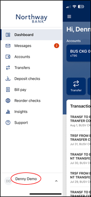 Screenshot of menu options in mobile banking